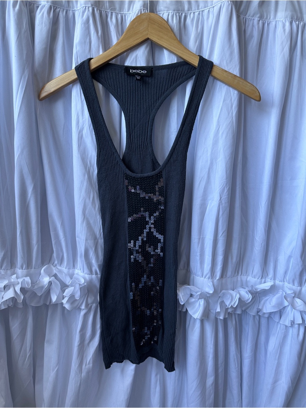 Vintage bebe Black Ribbed Racerback Tank with Sequin Center Panel